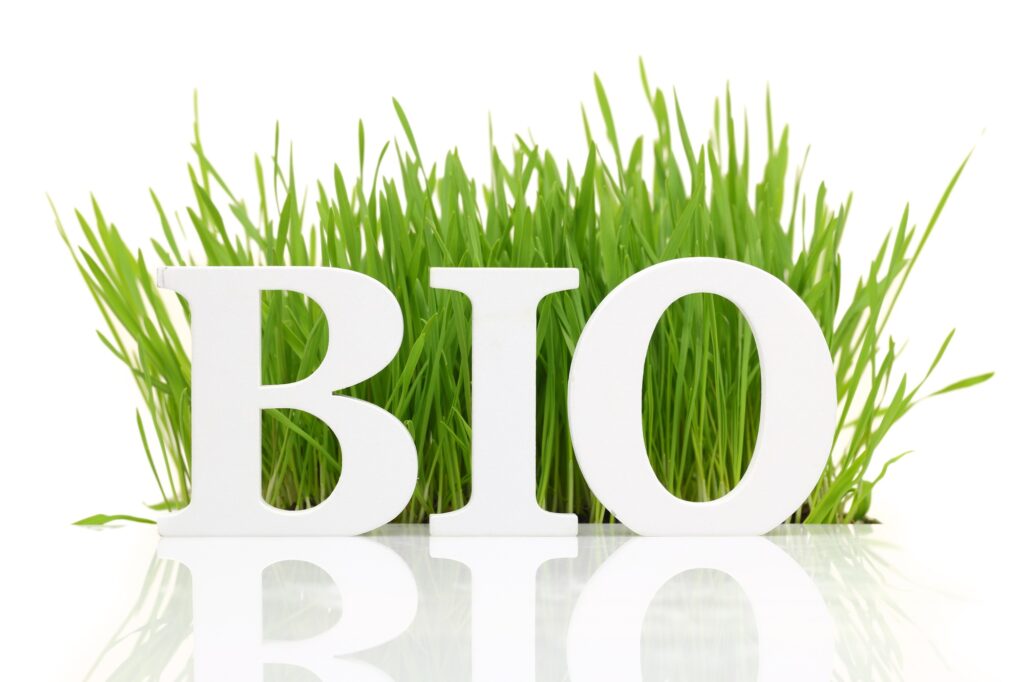 Word "Bio" with fresh grass isolated on white